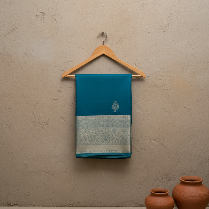 KUBERAN PEACOCK BLUE SILVER SEMI SILK SAREE