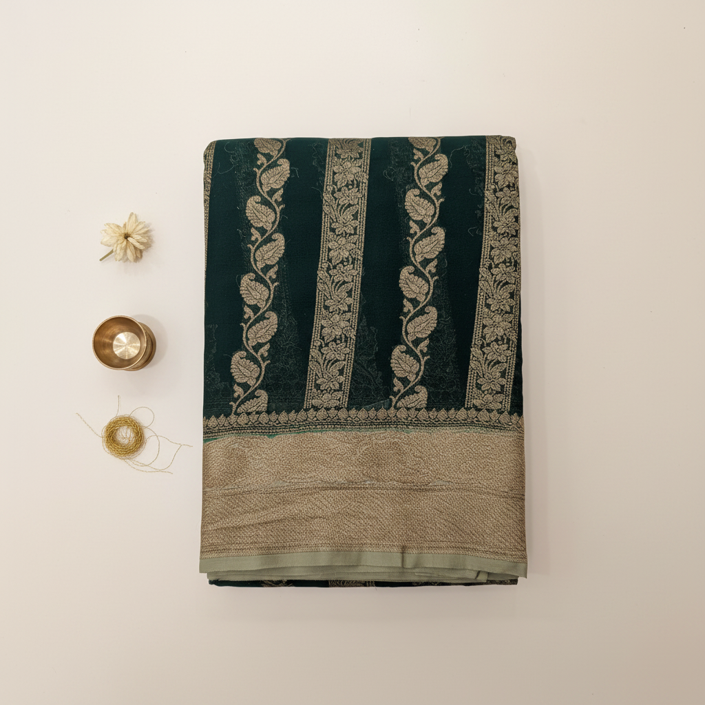 KUBERAN GREEN BANARASI KHADDI GEORGETTE SAREE