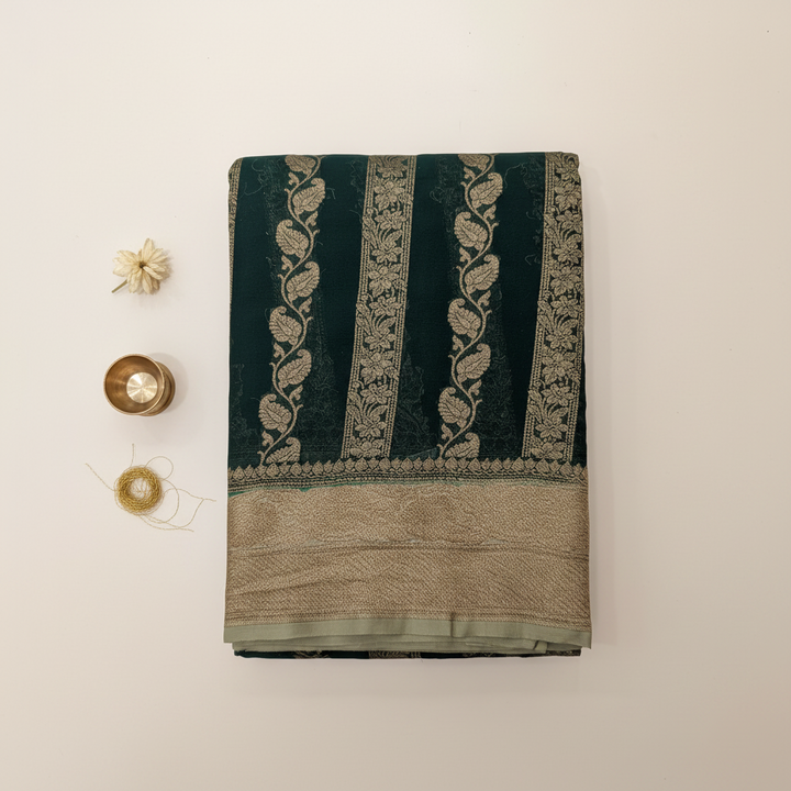 KUBERAN GREEN BANARASI KHADDI GEORGETTE SAREE
