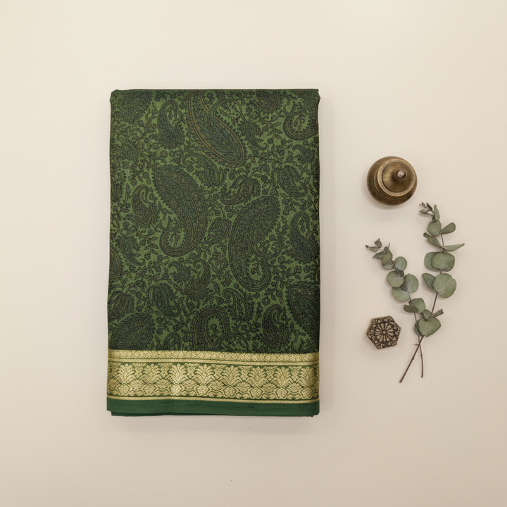 KUBERAN DARK GREEN PURE SILK PRINTED SAREE