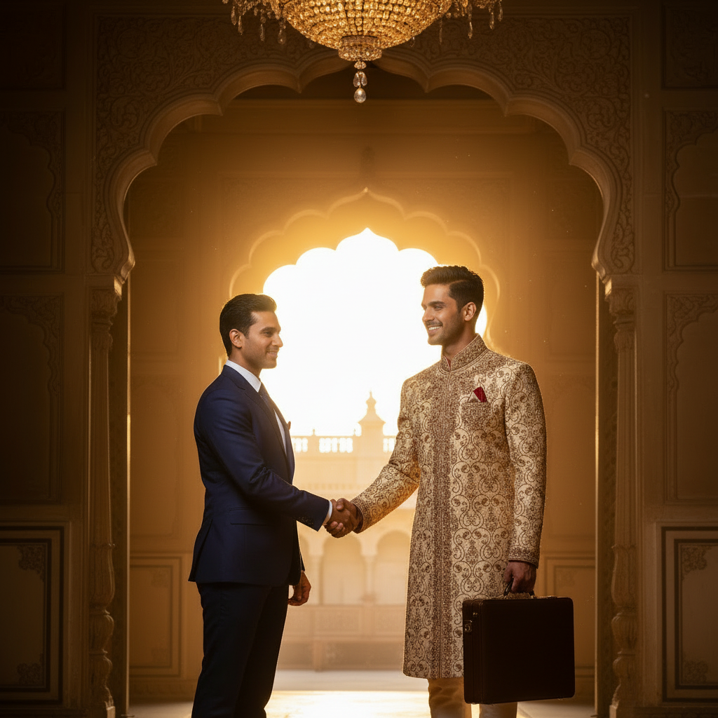 Kuberan Cream & Gold Zardozi Embroidered Indo-Western Sherwani