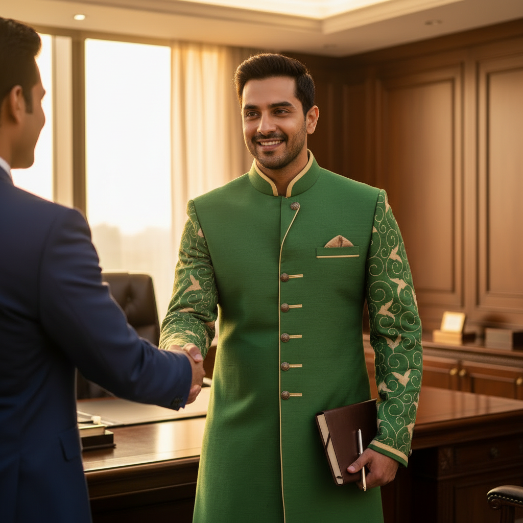 Kuberan Green Indo-Western Sherwani with Gold Bird & Scroll Embroidery