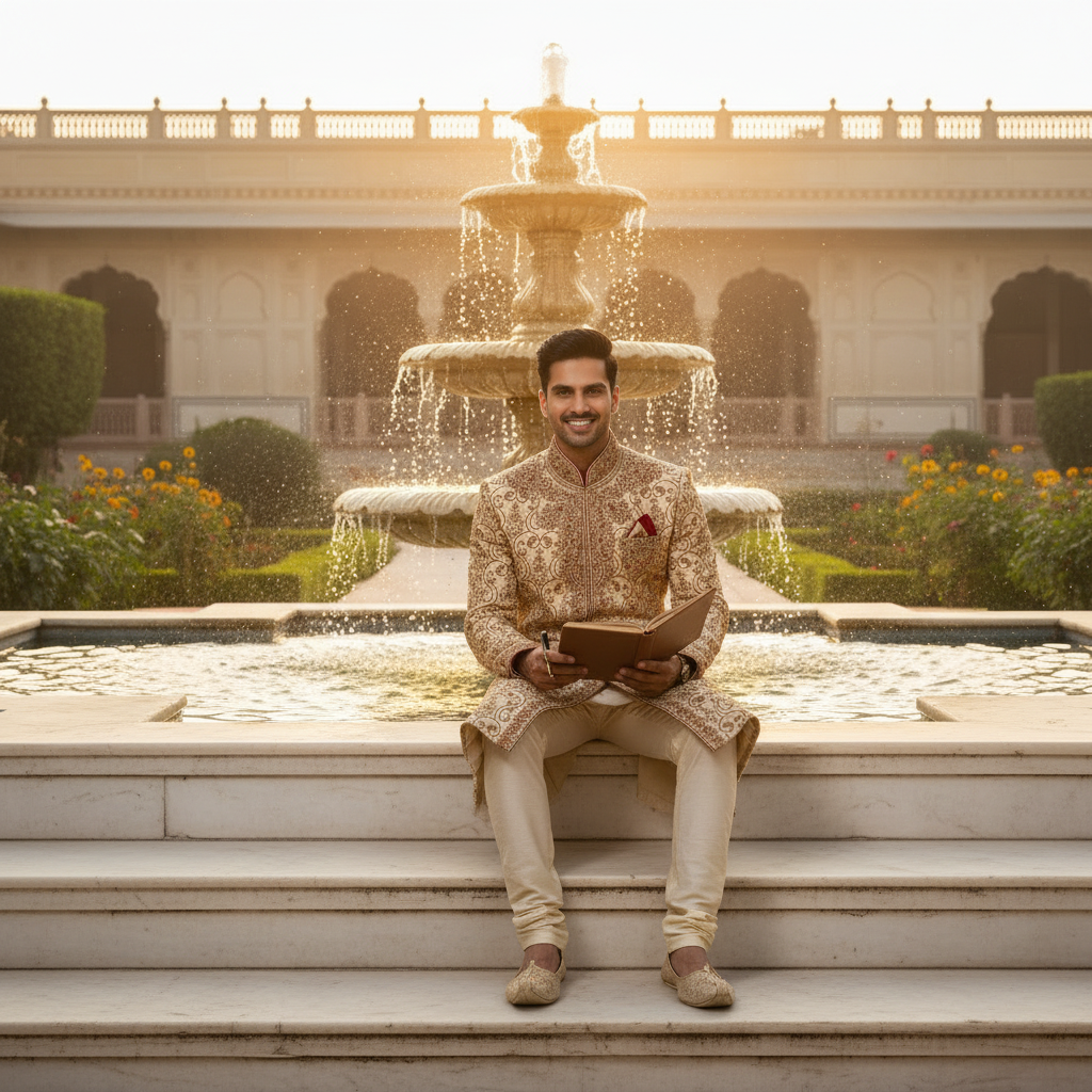 Kuberan Cream & Gold Zardozi Embroidered Indo-Western Sherwani
