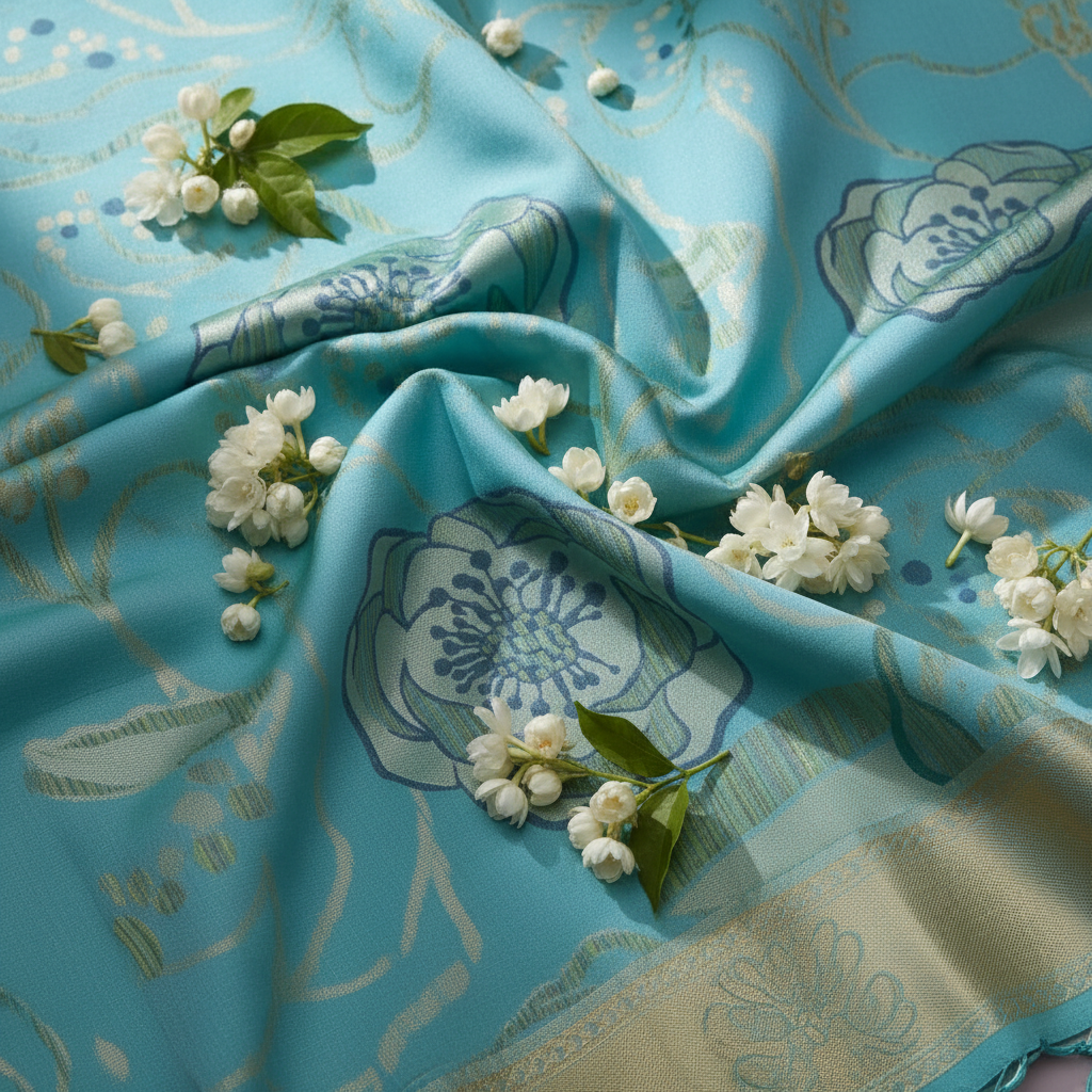 Fresh jasmine flowers on embroidered saree