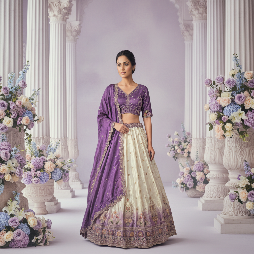 Kuberan Sangeetha Lehenga – Purple & Ivory Embroidered Silk Semi Stitched