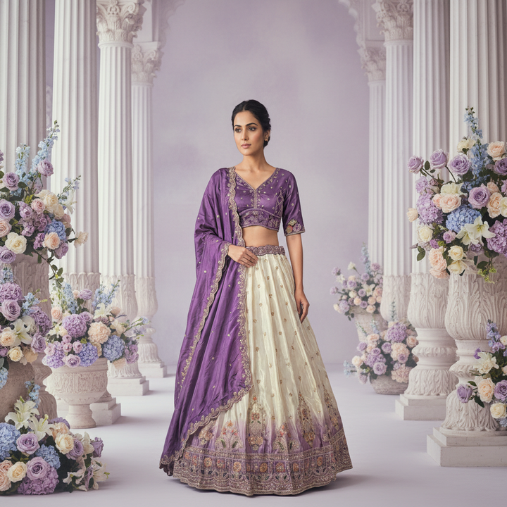 Kuberan Sangeetha Lehenga – Purple & Ivory Embroidered Silk Semi Stitched
