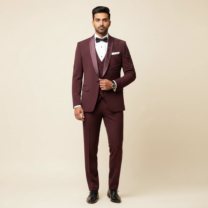 Kuberan Maroon Three-Piece Tuxedo Suit