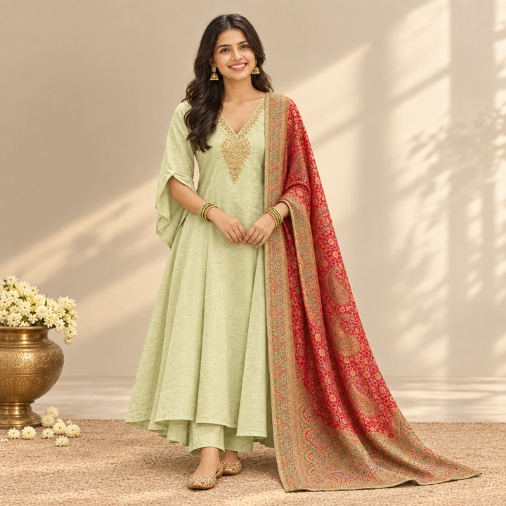 Kuberan Pistachio Green Anarkali Set with Red Dupatta