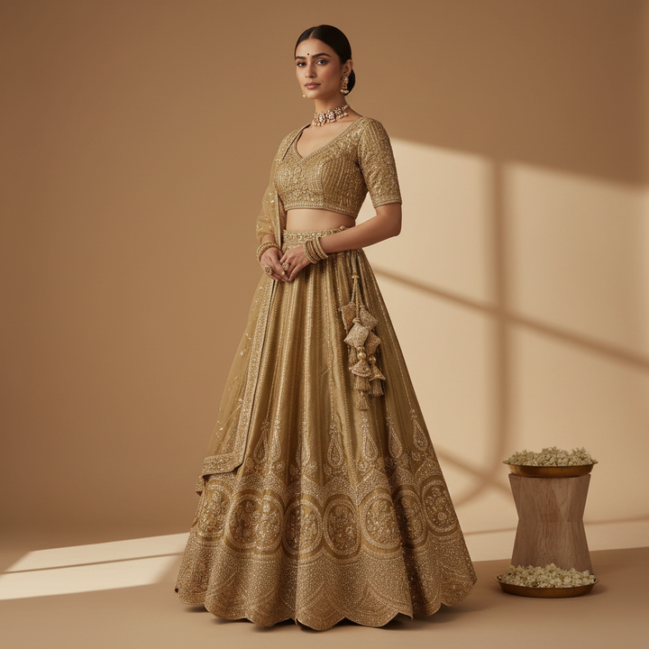 Kuberan Golden Embroidered Semi Stitched Lehenga
