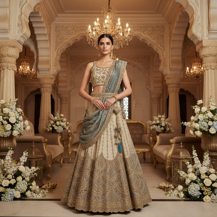 Kuberan Blue Grey Embroidered Semi Stitched Bridal Lehenga