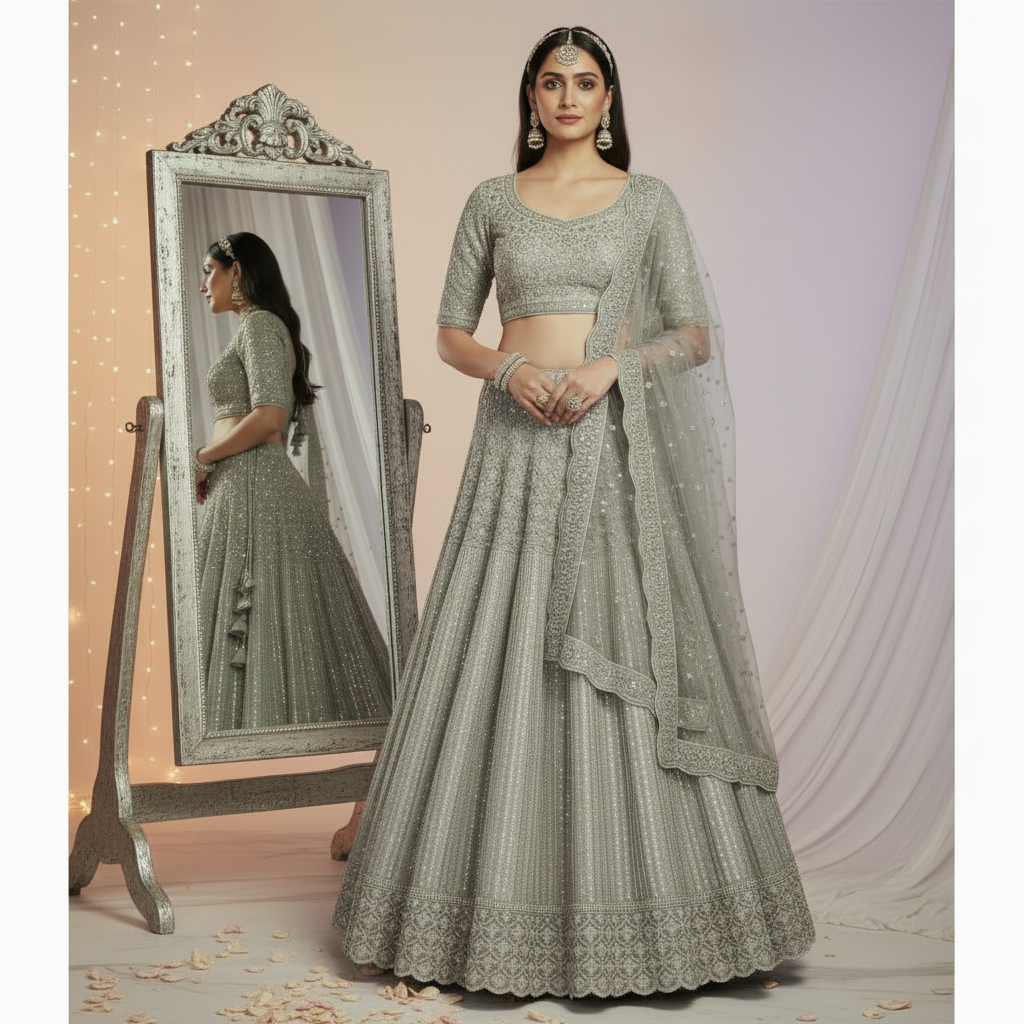 Kuberan Silver Grey Bridal Lehenga Semi Stitched