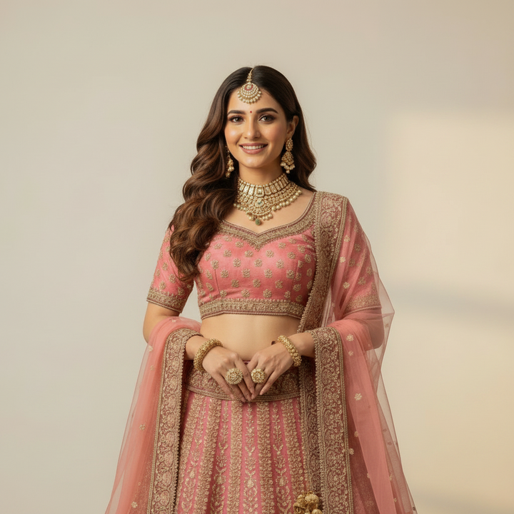 Kuberan Rose Gold Bridal Lehenga with Heavy Zari Embroidery unstitched