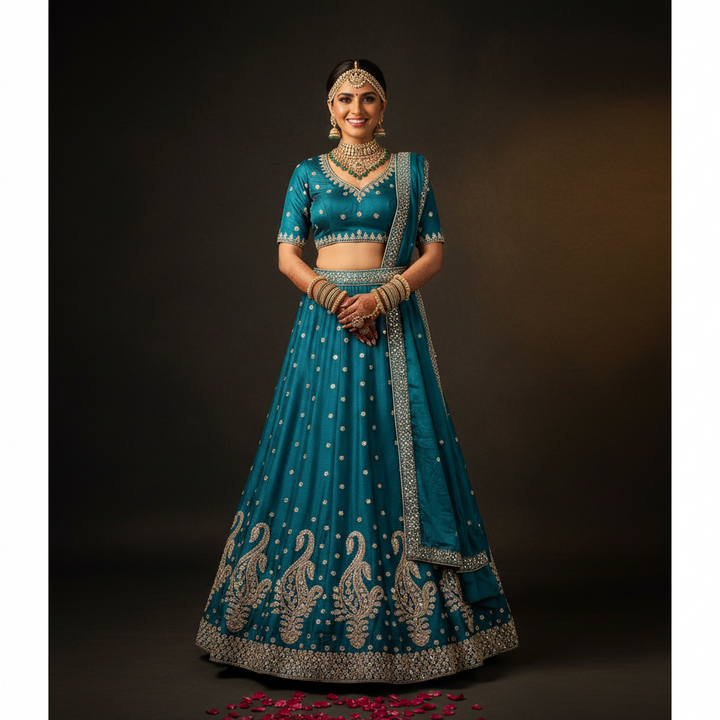 Kuberan Teal Lehenga with Gold Zari Embroidery