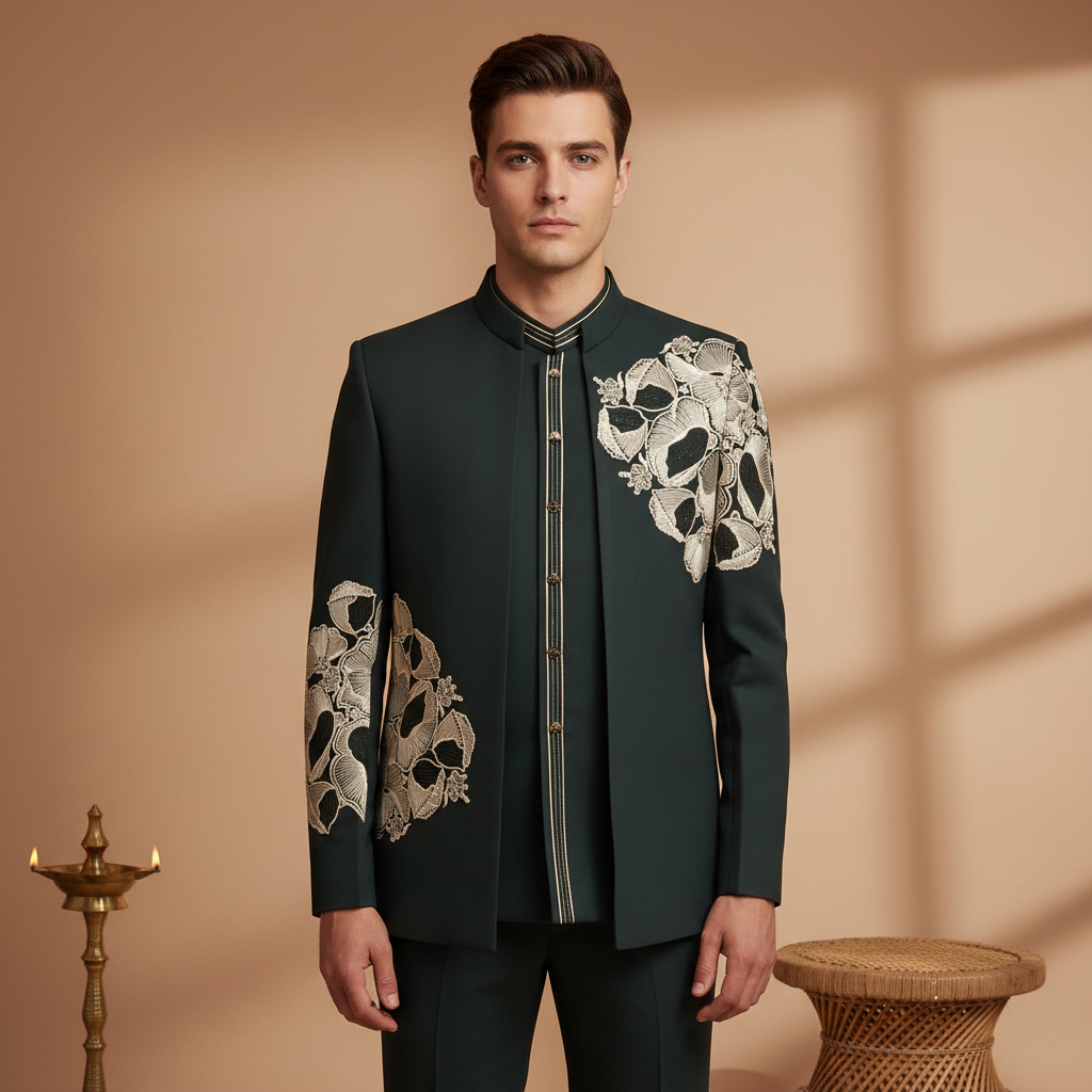 Kuberan Dark Blue Embroidered Indowestern Suit Set
