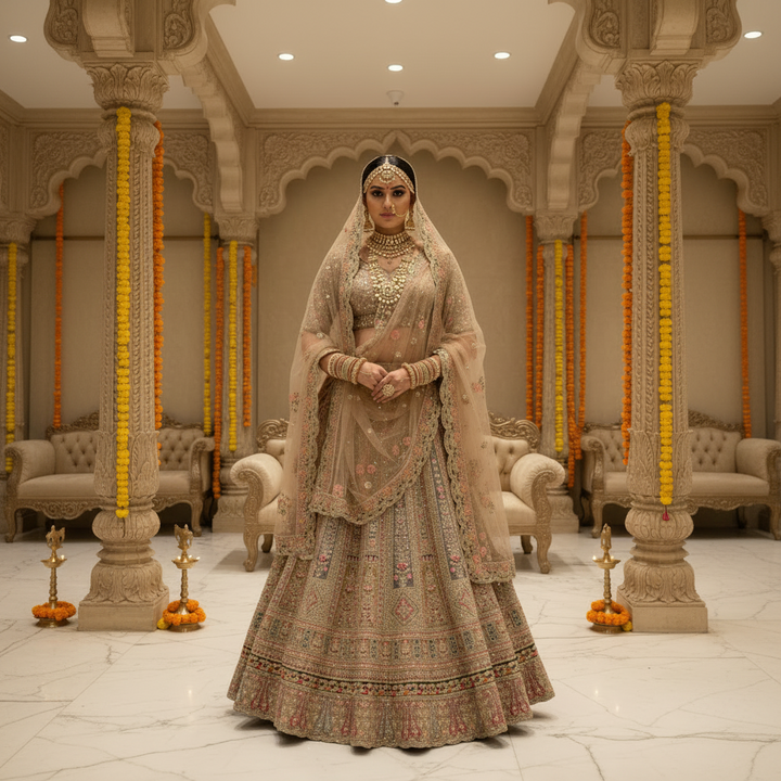 Kuberan Golden Beige Bridal Semi Stitched Lehenga.