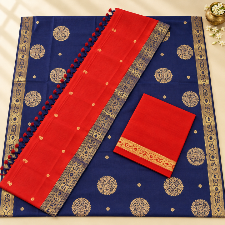 Kuberan Navy Blue and Red Pure Silk Dress Material with Gold Motifs