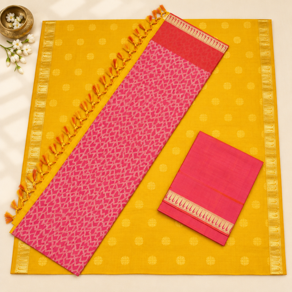 Kuberan Golden Yellow and Pink Pure Silk Dress Material with Geometric Motifs