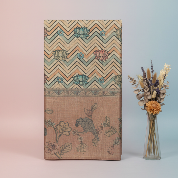 KUBERAN BEIGE WITH ROSE PINK TISSUE BORDER SEMI TUSSAR SILK SAREE