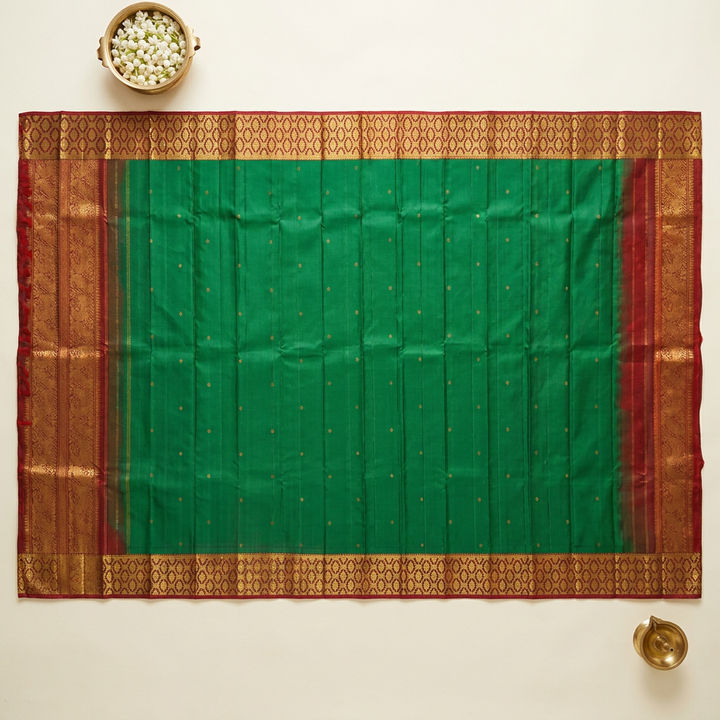 Kuberan Green Pure Silk Dupatta with Red and Gold Zari Border