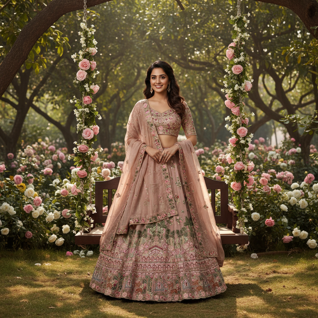 Kuberan Blush Pink Bridal Lehenga Set with Mughal Embroidery