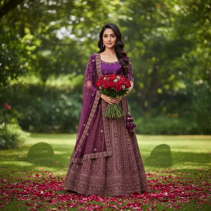 Kuberan Semi Bridal Purple Embroidered Lehenga Semi Stitched
