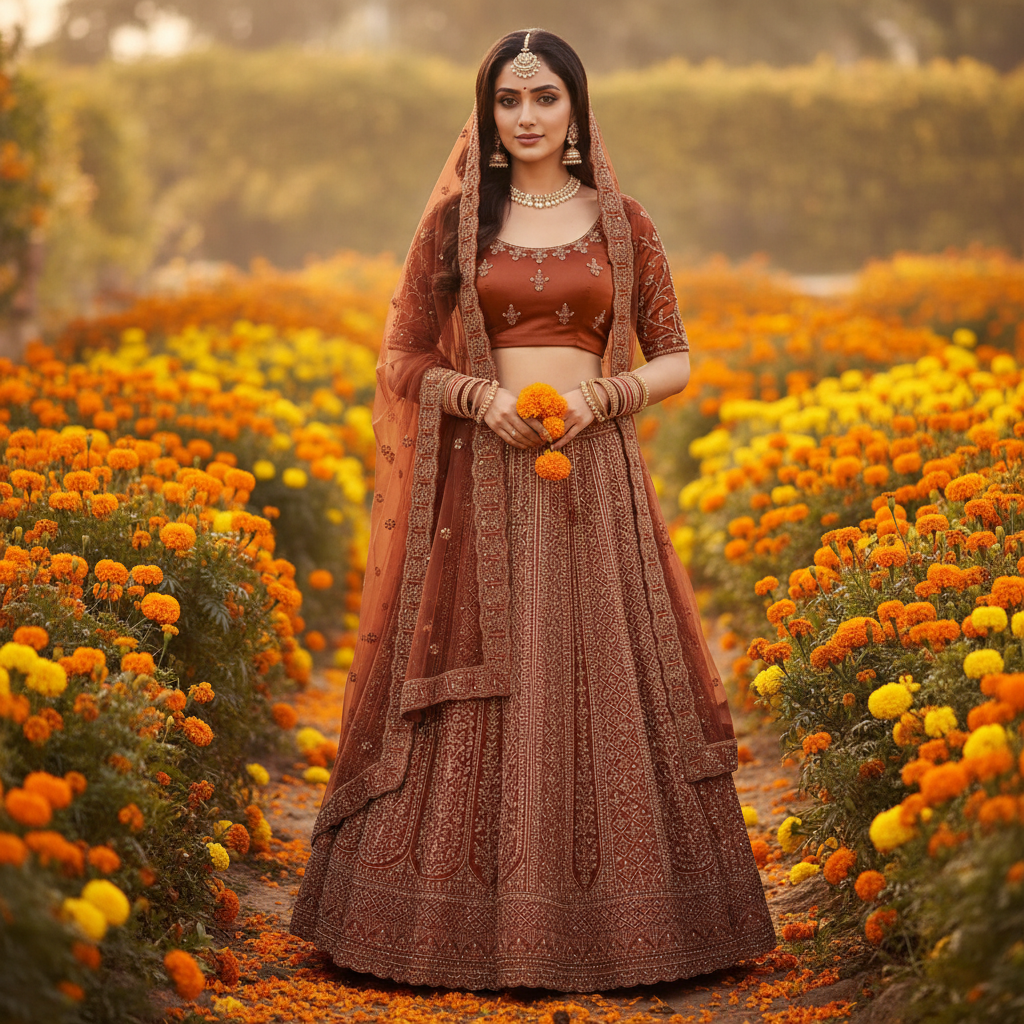 Kuberan Rust Gold Semi Bridal Lehenga Semi Stitched