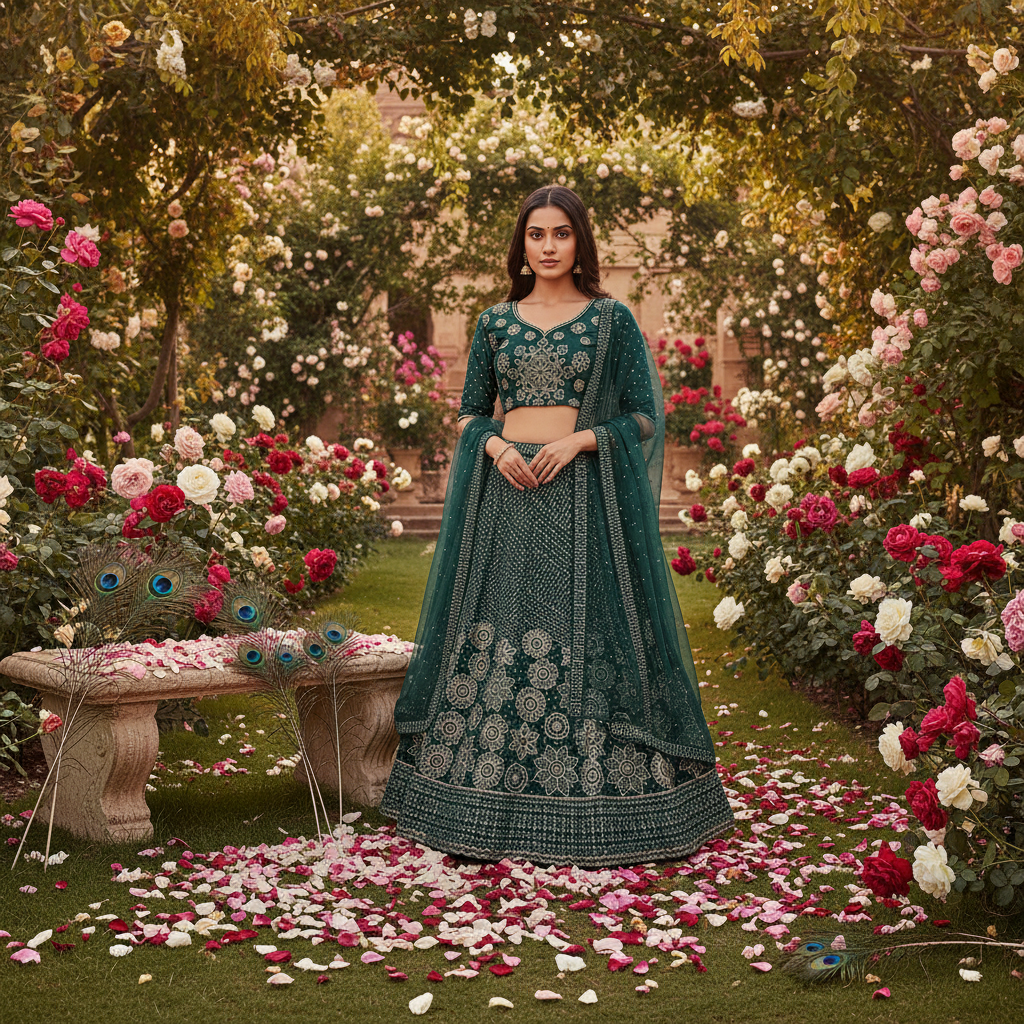 Kuberan Dark Green Embroidered Lehenga Choli Semi Stitched