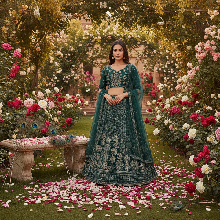 Kuberan Dark Green Embroidered Lehenga Choli Semi Stitched