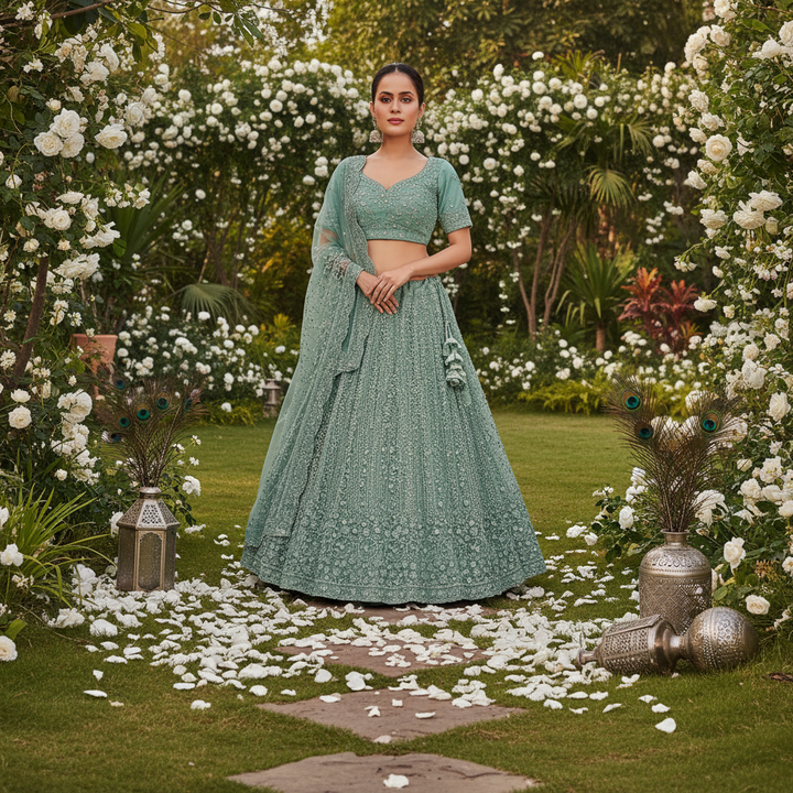 Kuberan Mint Green Embroidered Net Lehenga Choli Semi Stitched