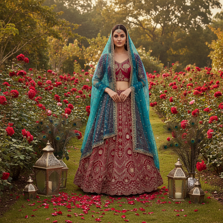 Kuberan Maroon & Teal Bridal Lehenga Choli Semi Stitched