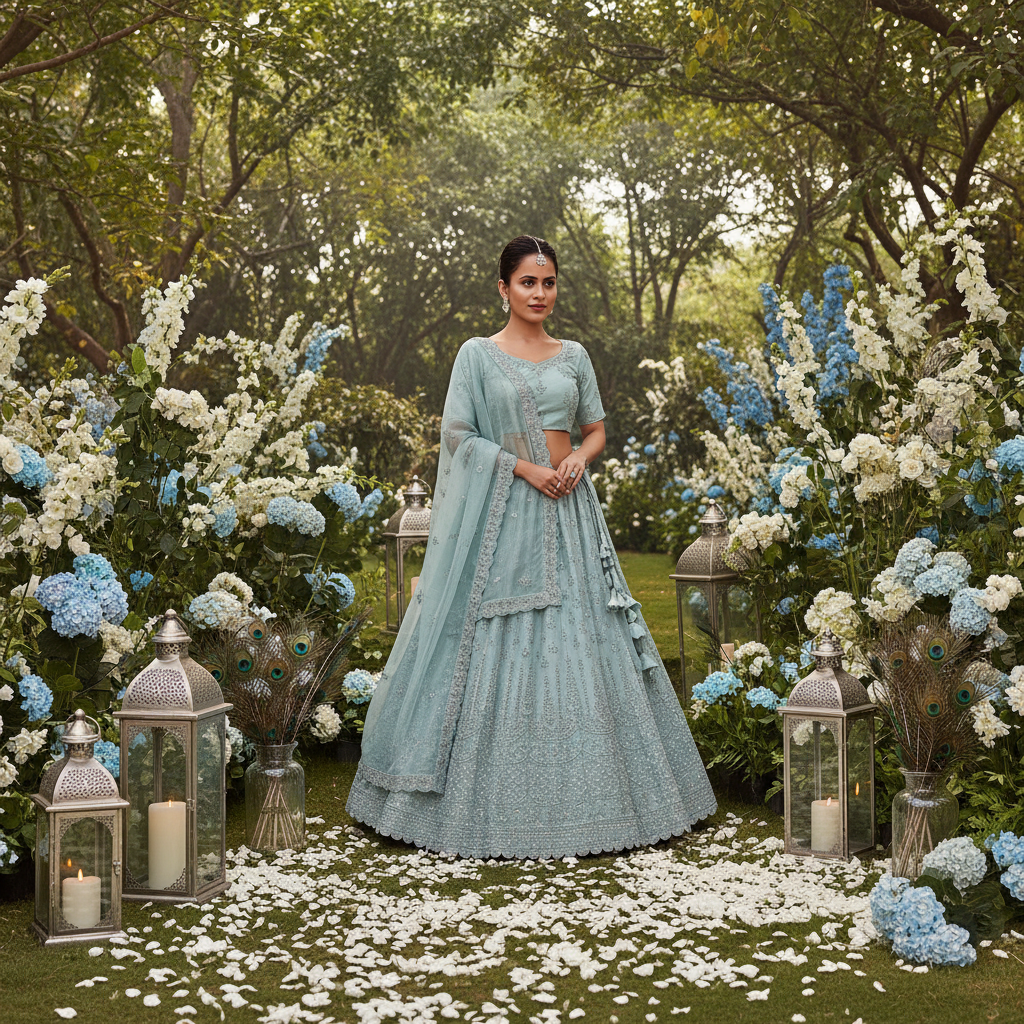 Kuberan Powder Blue Embroidered Net Lehenga Semi Stitched