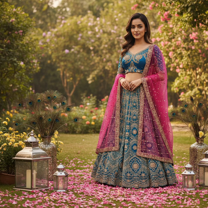 Kuberan Teal Blue & Pink Lehenga Semi stitched