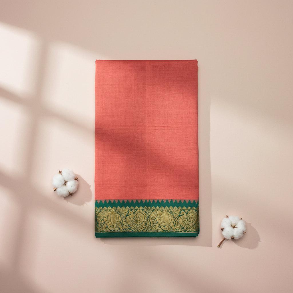 Kuberan Peach with Green Cotton Saree