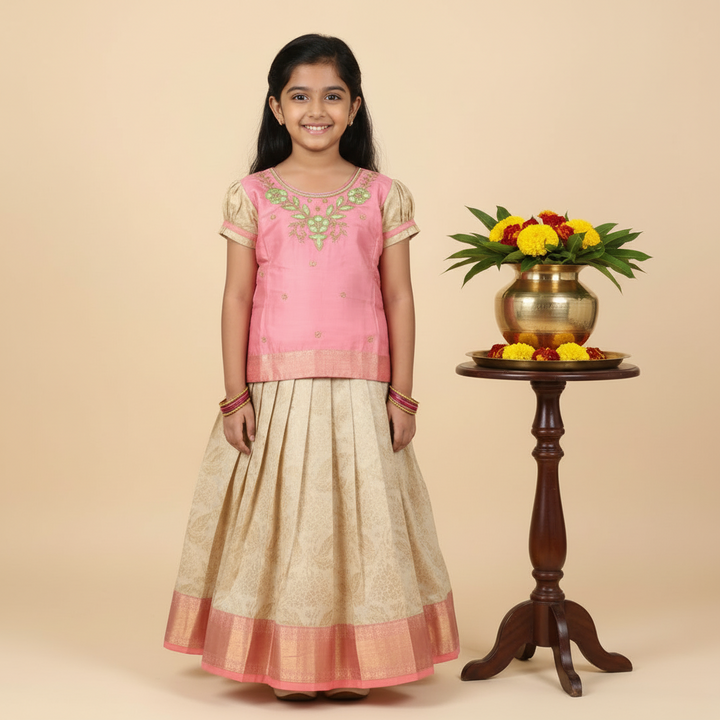 Kuberan Pink and Cream Readymade Pavada Pure Silk