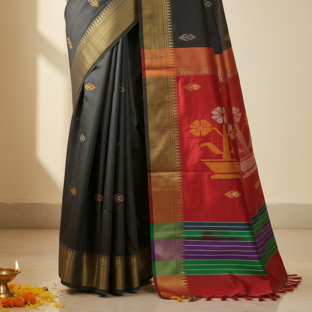 KUBERAN BLACK WITH RED BISHNUPURI SOFT SILK SAREE