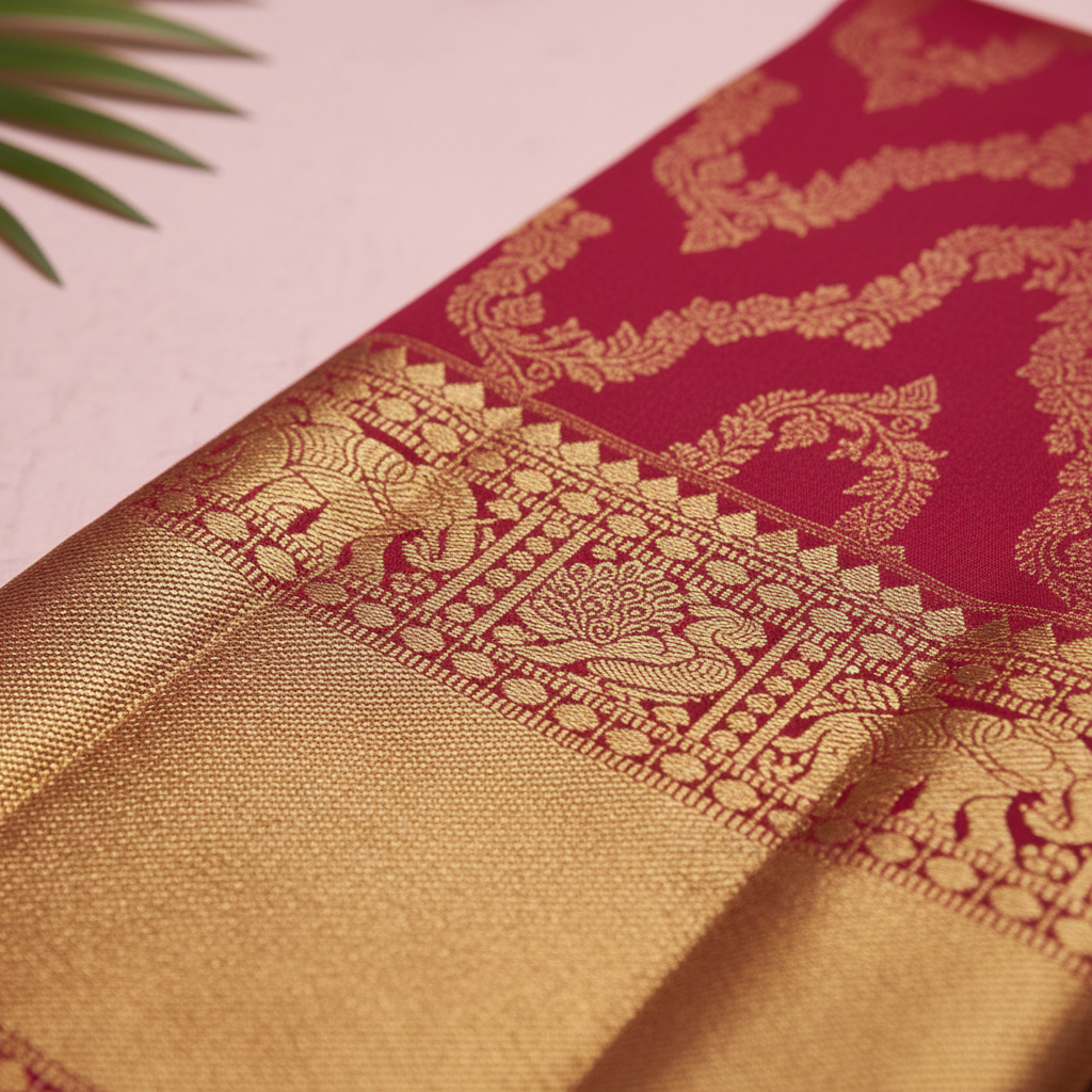 Kuberan Red Kanchipuram Silk Saree with Golden Temple Border