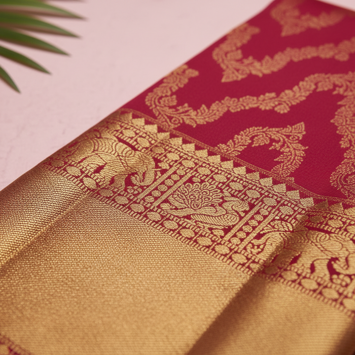 Kuberan Red Kanchipuram Silk Saree with Golden Temple Border