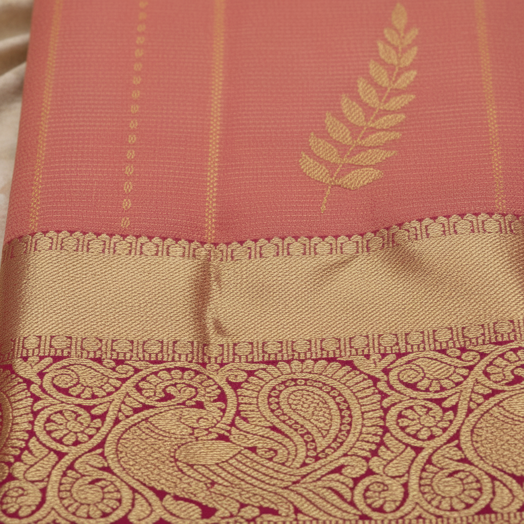kuberan Coral Pink Kanchipuram Silk Saree with Golden Leaf Motif