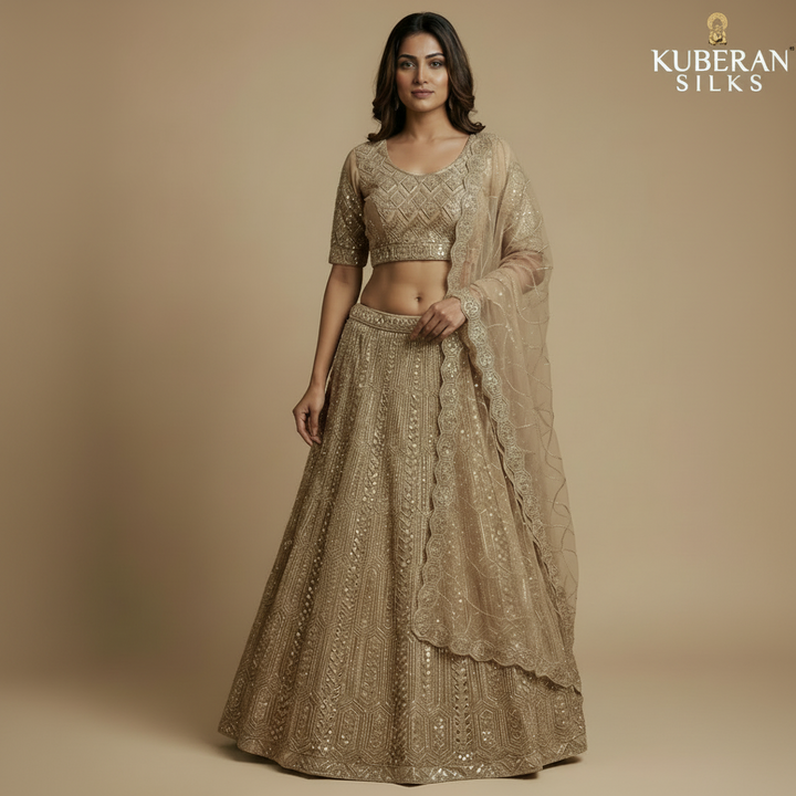 Kuberan Golden UNSTITCHED Embroidered Net Lehenga