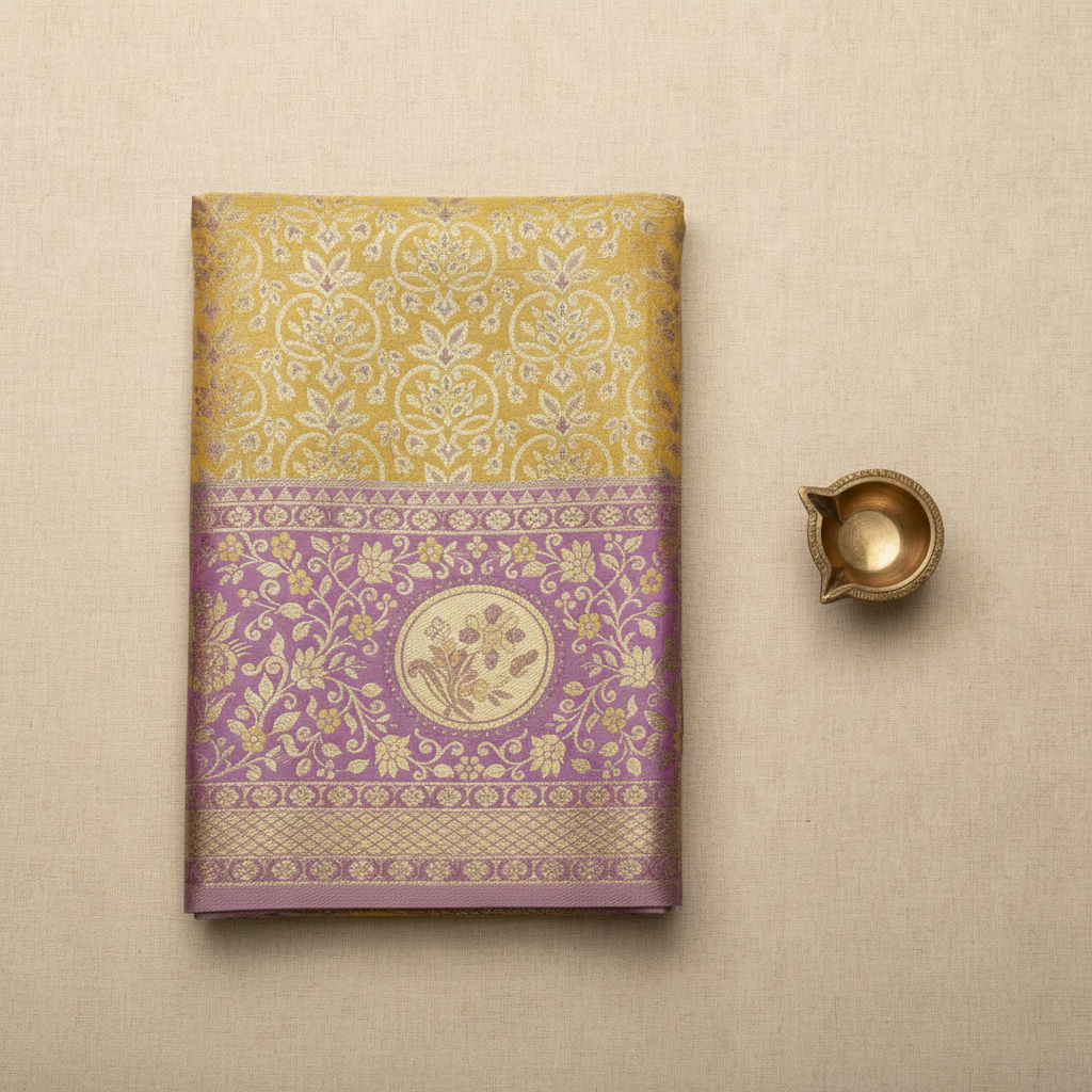 Kuberan Art Silk Pavada Golden & Lavender Brocade