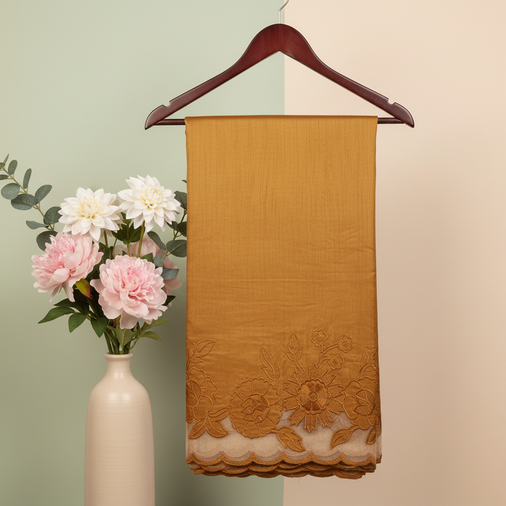 Golden Mustard Silk Saree – Hanger Editorial with Floral Vase