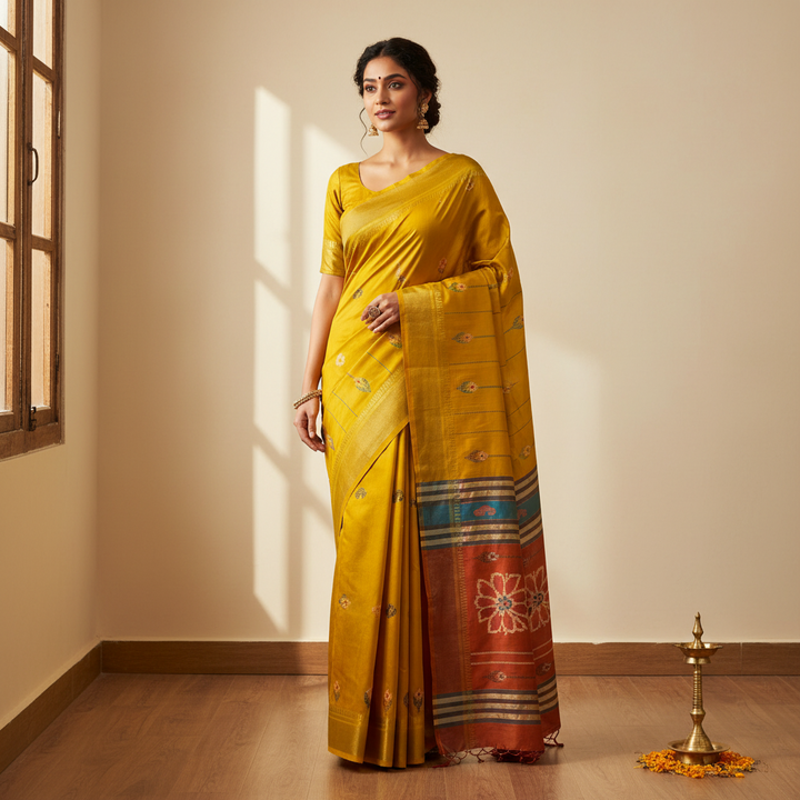 KUBERAN MUSTARD WITH PINK BISHNUPURI SOFT SILK SAREE
