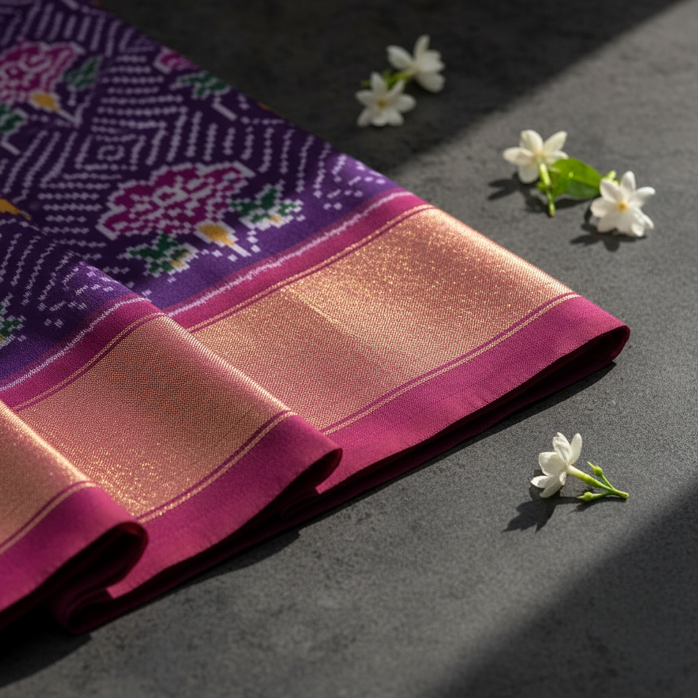 Golden-pink zari border close-up