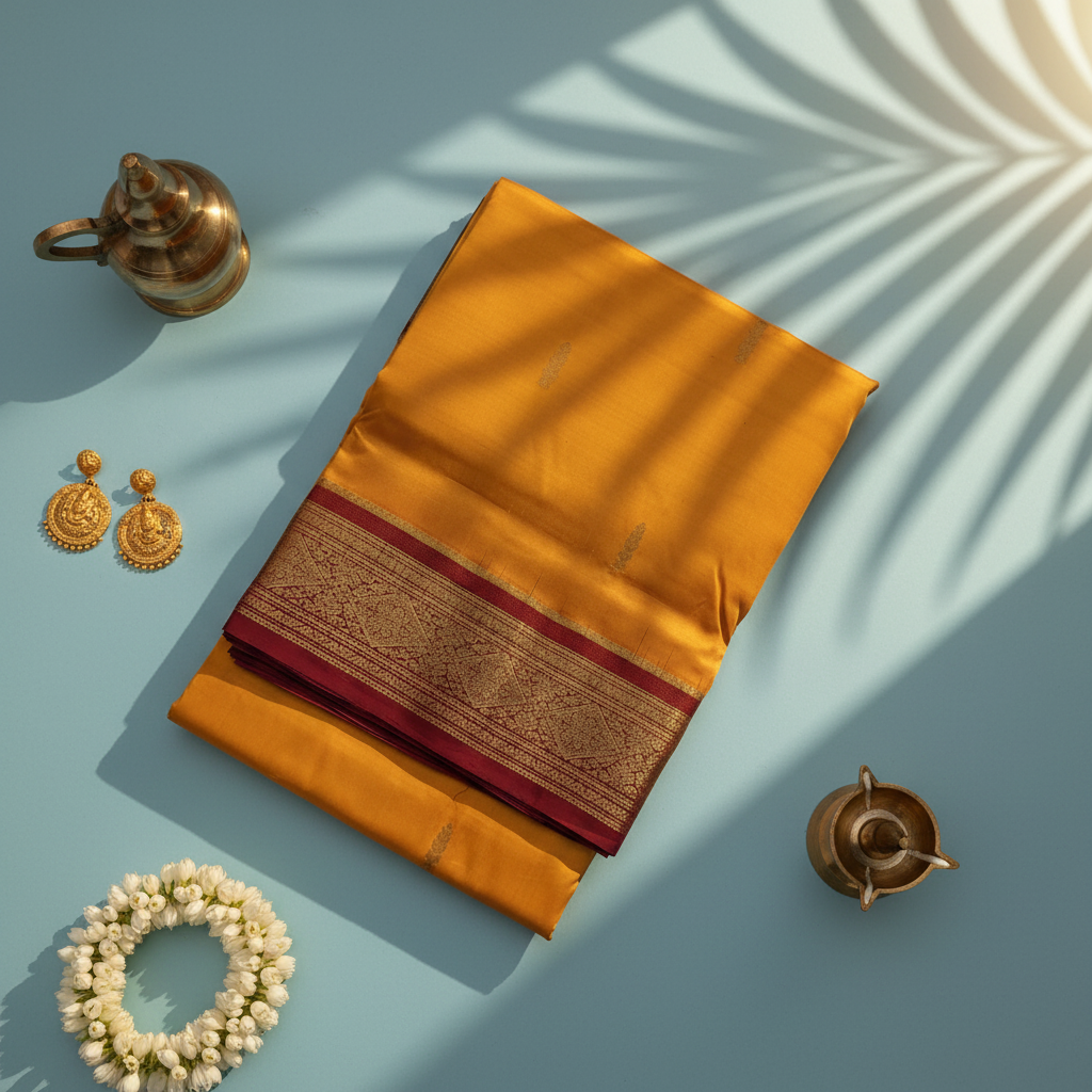 kuberan pure Silk 9 Yards Saree - Orange with Maroon Zari Border
