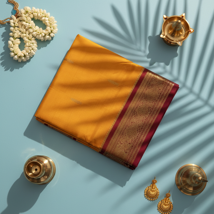 kuberan pure Silk 9 Yards Saree - Orange with Maroon Zari Border