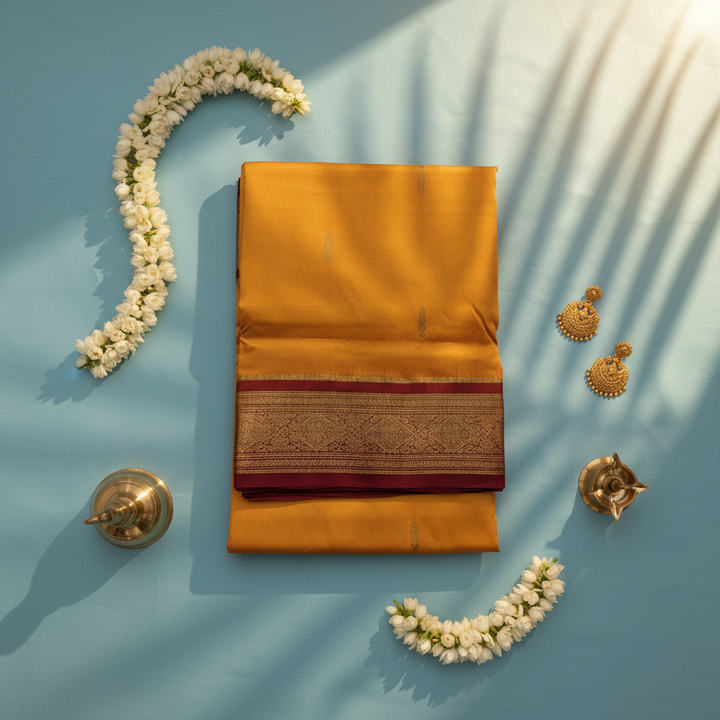 kuberan pure Silk 9 Yards Saree - Orange with Maroon Zari Border