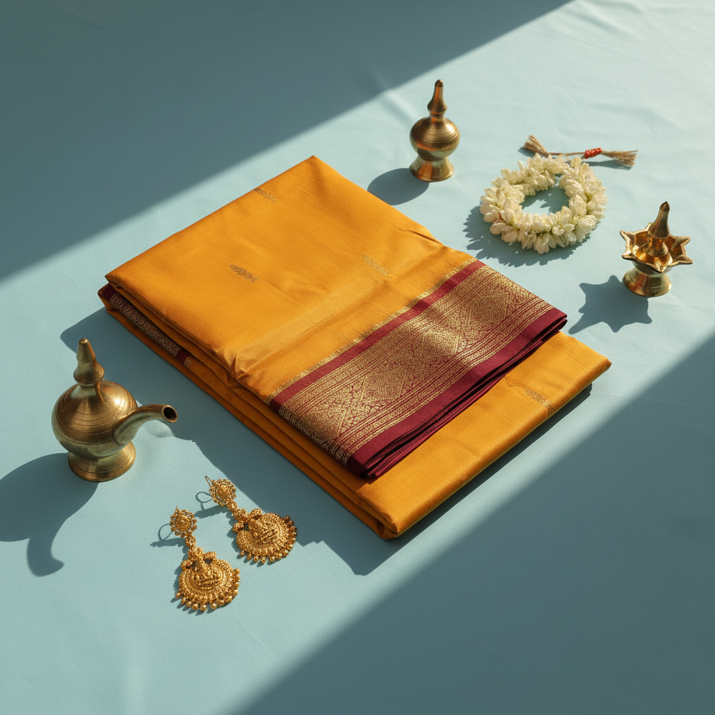 kuberan pure Silk 9 Yards Saree - Orange with Maroon Zari Border