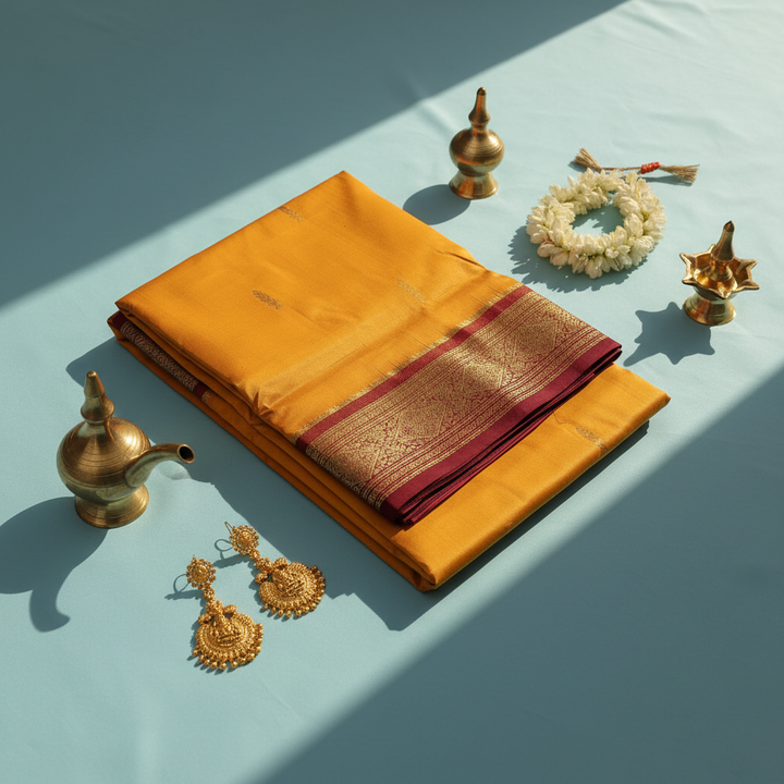 kuberan pure Silk 9 Yards Saree - Orange with Maroon Zari Border