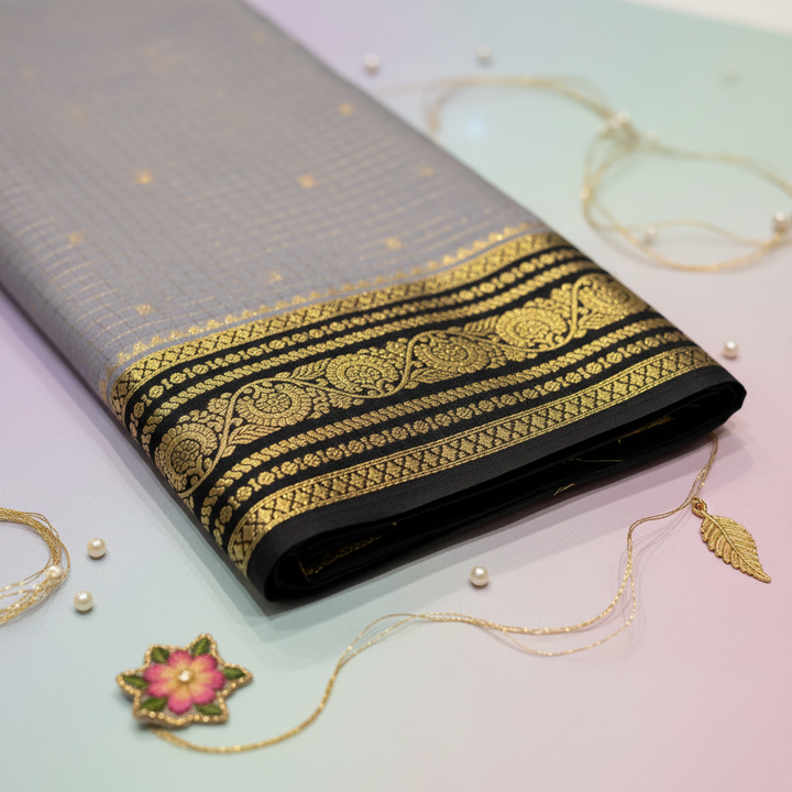 KUBERAN ELEPHANT GREY PURE CREPE SAREE