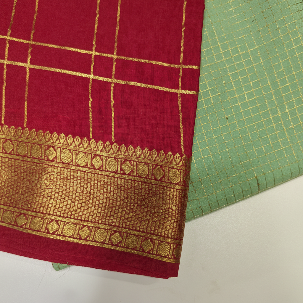 KUBERAN GREEN RED PURE CREPE SAREE